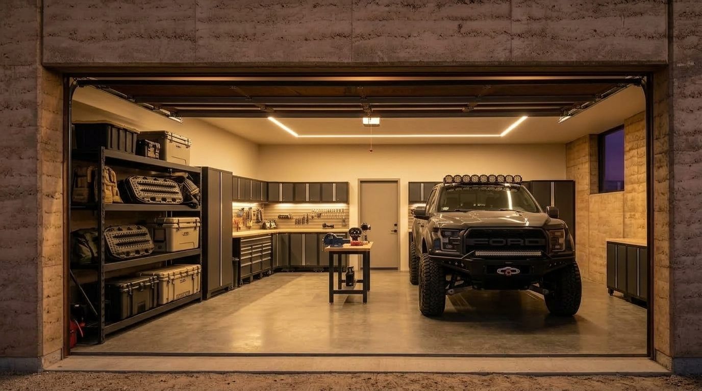 Harvey Garage Door Service Interior View of Custom Garage Door Overhead and Workshop